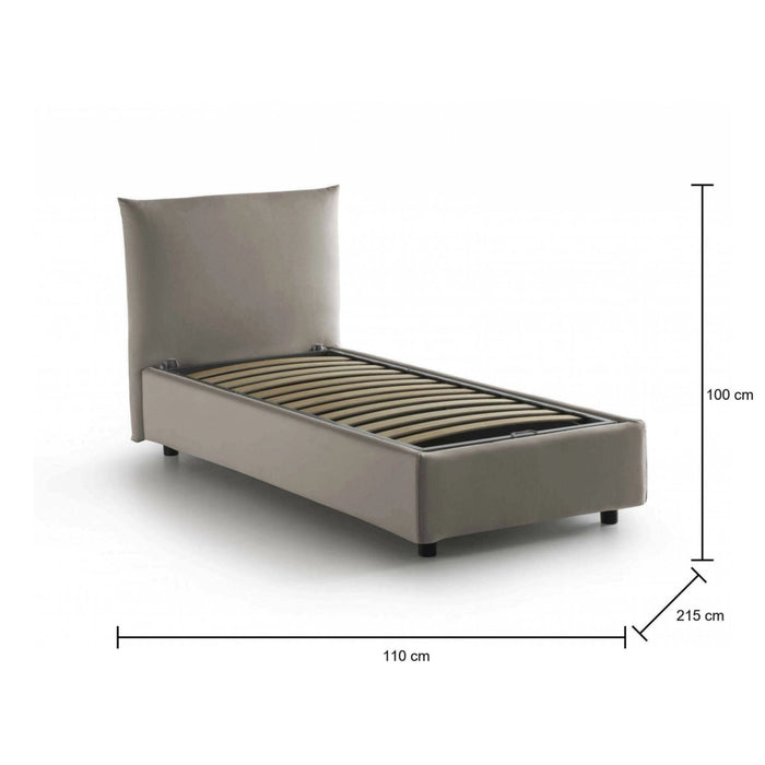 Letto singolo Alisech, Letto contenitore con rivestimento in tessuto, Made in Italy, Apertura laterale, adatto per materasso cm 80x190, Tortora
