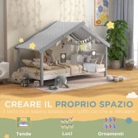 Letto a Casetta in Legno di Pino a 15 Doghe con Tetto Stellato in Tessuto, 213x100x140 cm, Grigio