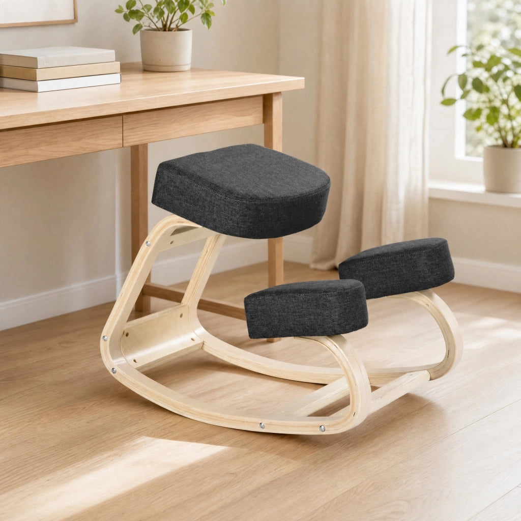 Sedia da Ufficio Sedia Inginocchiata Ergonomica con Altezza Regolabile per Studio in Legno Nero 51 × 69 × 58 cm