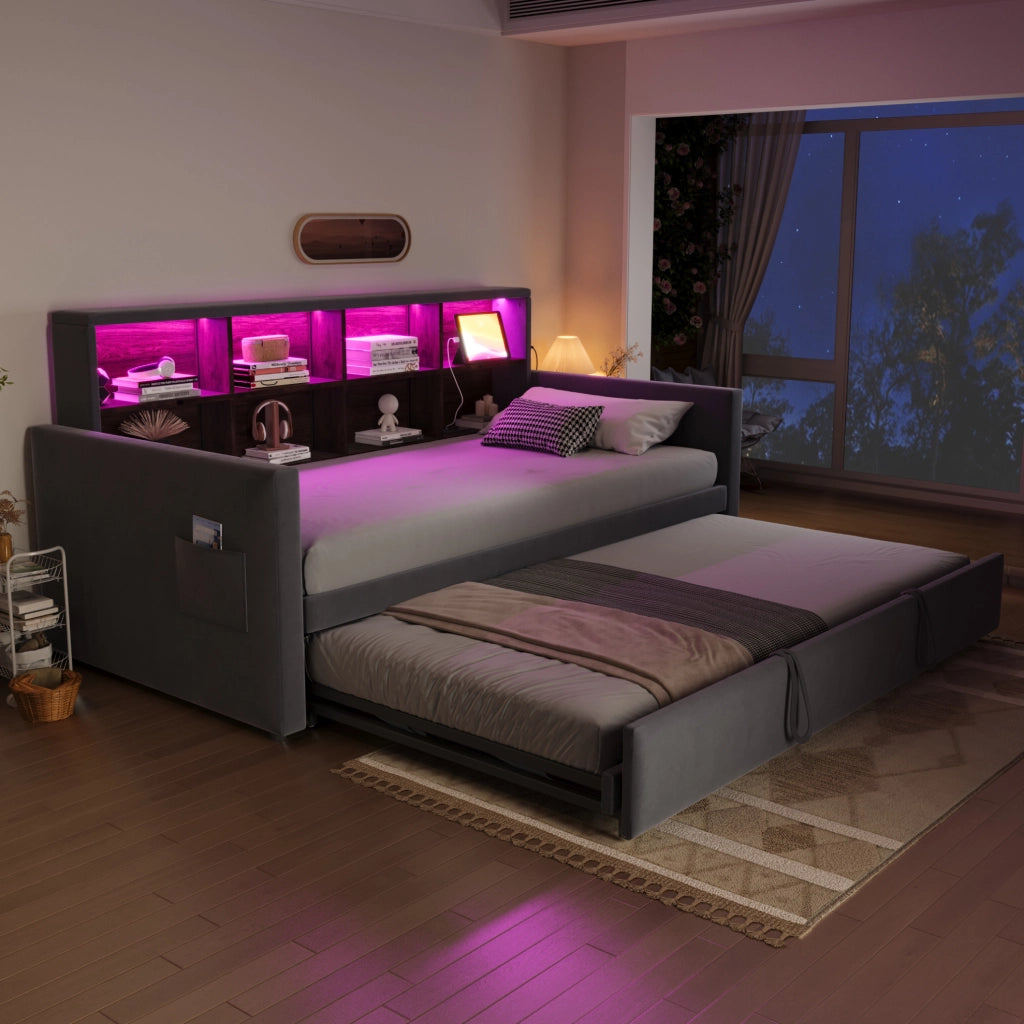 Divano letto imbottito 90x190 cm con contenitore, LED e prese integrati