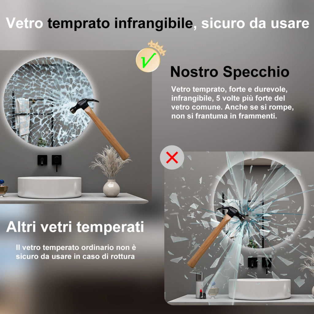 AICA Specchio da bagno 60 x 60 cm, 3 colori, antiappannamento, dimmerabile, interruttore touch, Funzione Memoria