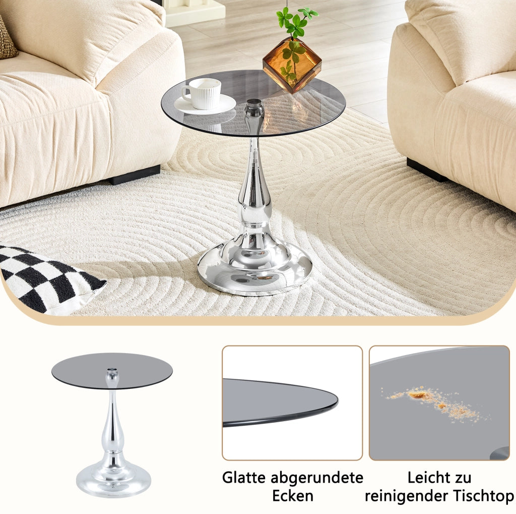 Tavolino rotondo in vetro temperato e metallo; ? 50 cm; argento