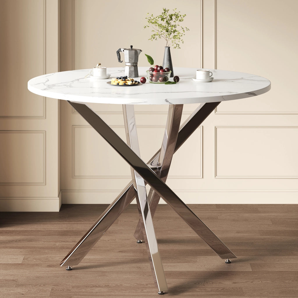 Tavolo rotondo 80 cm in MDF effetto marmo; gambe cromate argento; bianco e argento