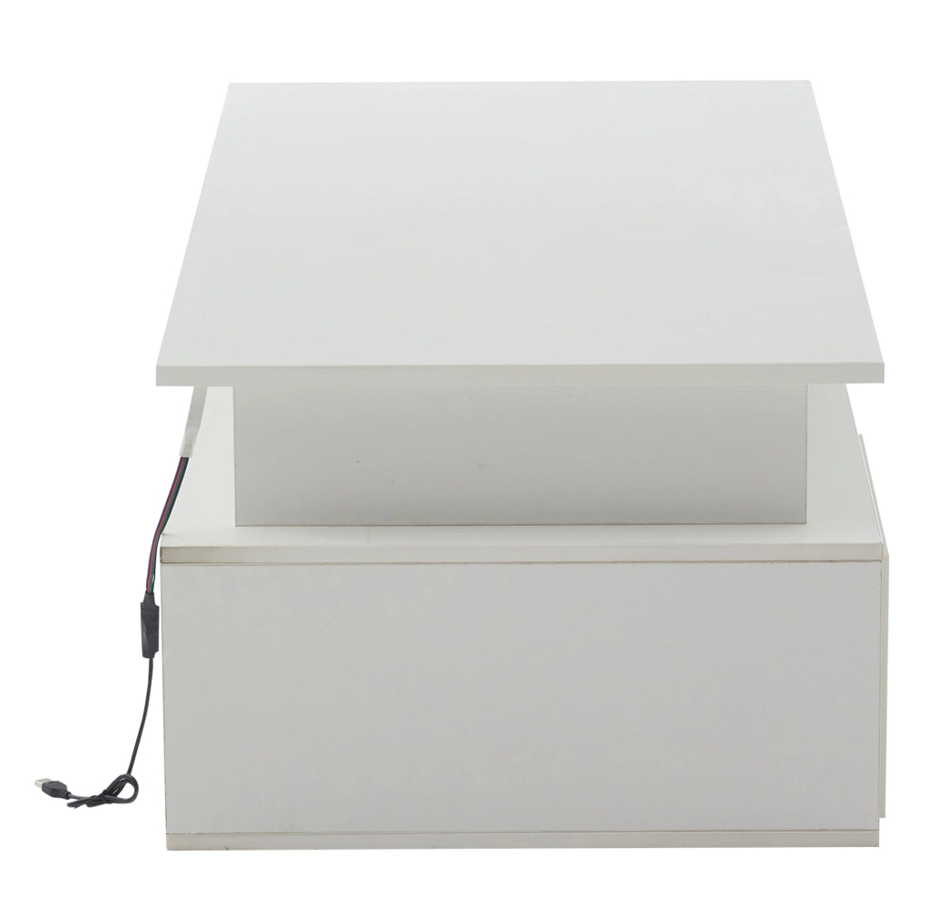 Tavolino da salotto bianco lucido 100 x 50 x 35 cm con LED; 2 cassetti e ripiani