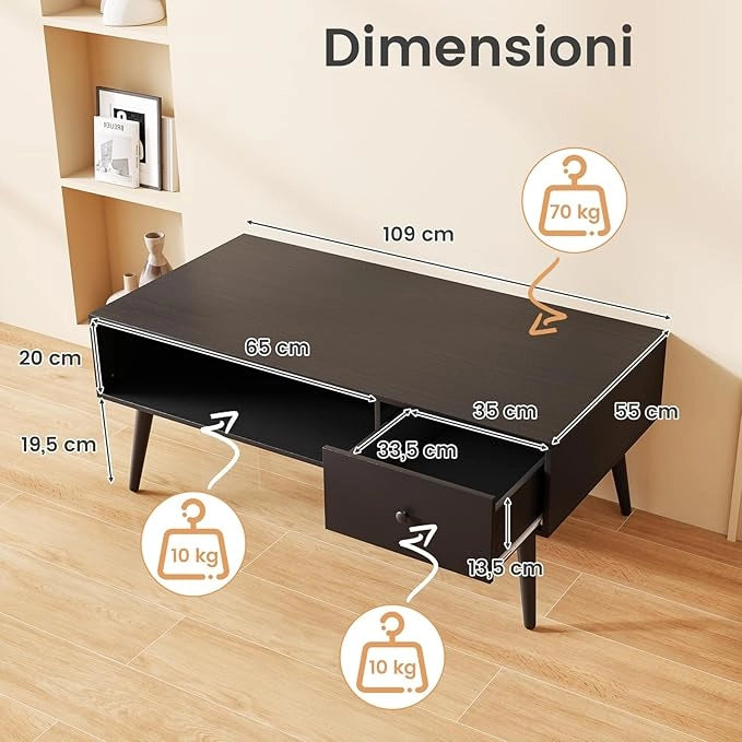 Tavolino da Salotto Rettangolare Design Moderno, Tavolino da Caffè con Cassetto e Mensola Inferiore, Tavolino Basso da Divano con Gambe in Metallo per Soggiorno, 109 x 55 x 42 cm (Nero)