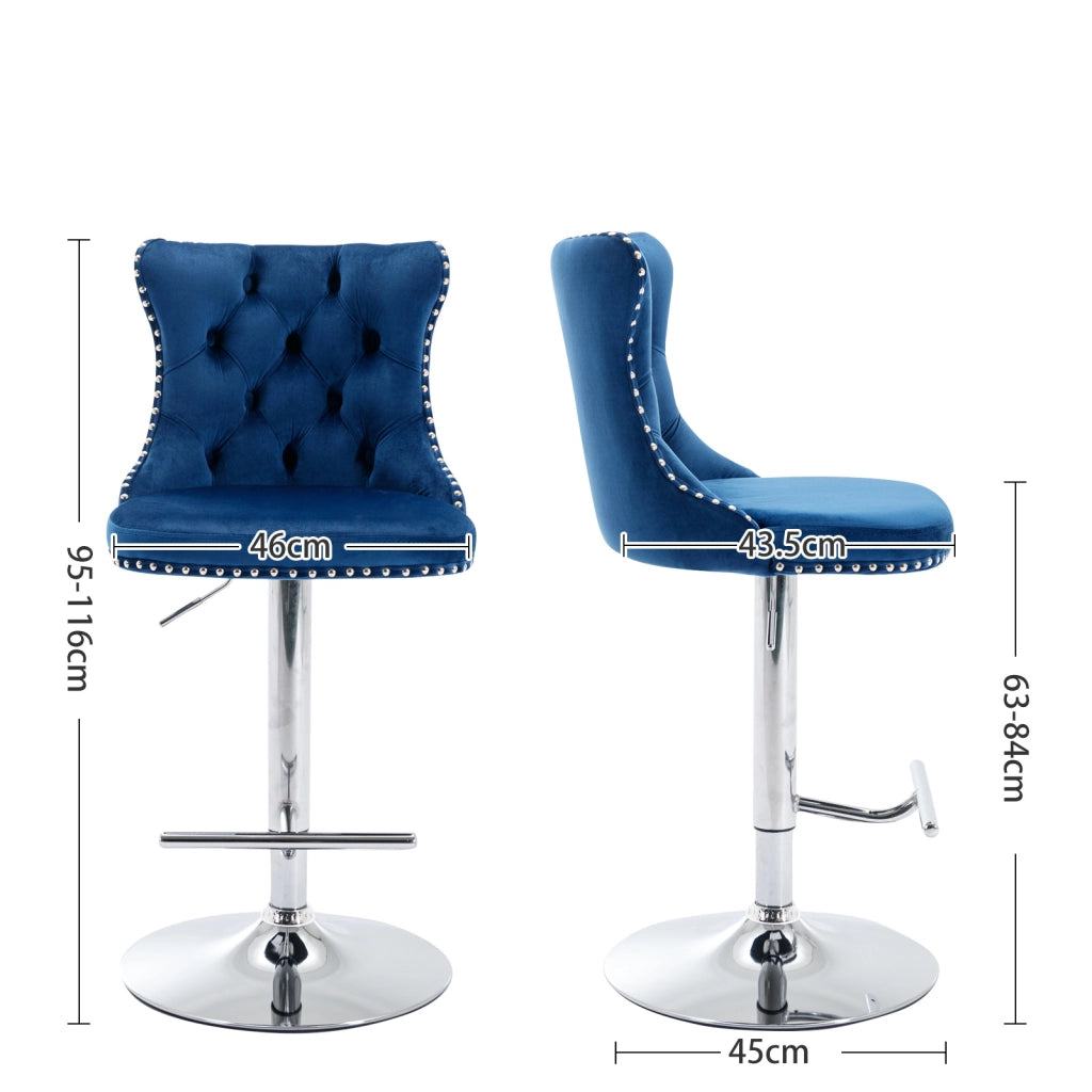 Set di 2 Sgabelli da Bar Girevoli con Altezza Regolabile; Schienale e Seduta Trapuntata; Velluto Blu