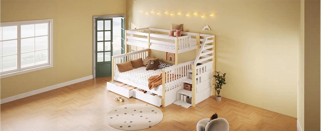 Letto a castello 90 × 200 cm et 140 × 200 cm con cassetti, barriera di sicurezza, senza materasso, pino, bianco naturale