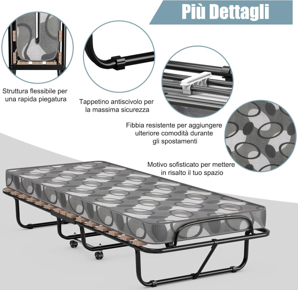 Brandina Pieghevole con Materasso, in Memory Foam, Struttura Resistente e 4 Ruote Girevoli, Lettino Pieghevole per Casa Ufficio, 190x80x33 cm (Grigio)
