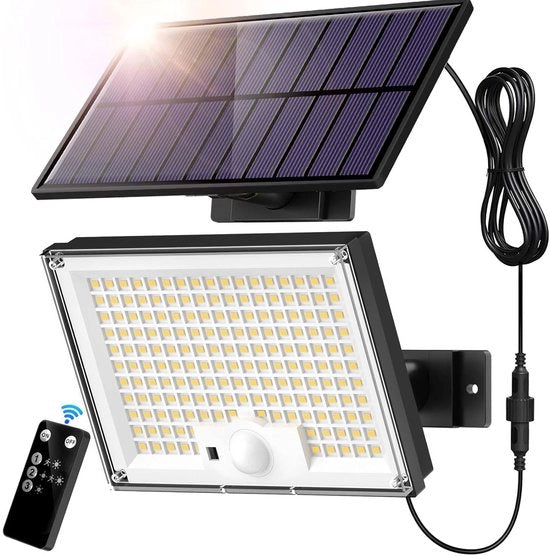 Lampada solare esterna con telecomando – illuminazione esterna a LED alimentata da energia solare, lampada a parete IP65 idroresistente per giardino, ingresso, terrazza e facciata di villa – pannello solare separato – 15,5 x 14,5 x 5,5 cm