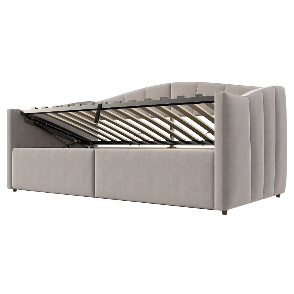 DESMIU Divano letto 90 × 200 cm 1 posto con vano contenitore idraulico e braccioli, senza materasso, grigio chiaro
