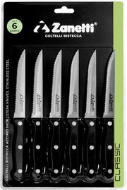 Set 6 Coltelli da Tavola Bistecca Lama in Acciaio Inox Nero Zanetti