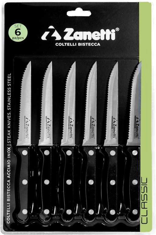 Set 6 Coltelli da Tavola Bistecca Lama in Acciaio Inox Nero Zanetti