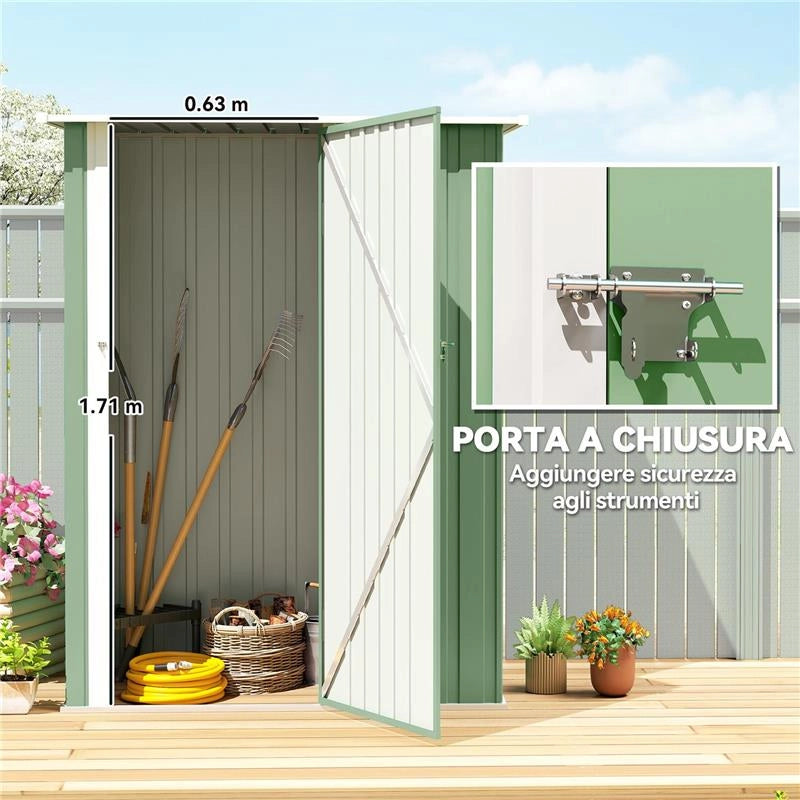 CAPANNO PORTA ATTREZZI IN METALLO CON TETTO INCLINATO E PORTA BLOCCABILE, 142X86X189 CM, VERDE CHIARO