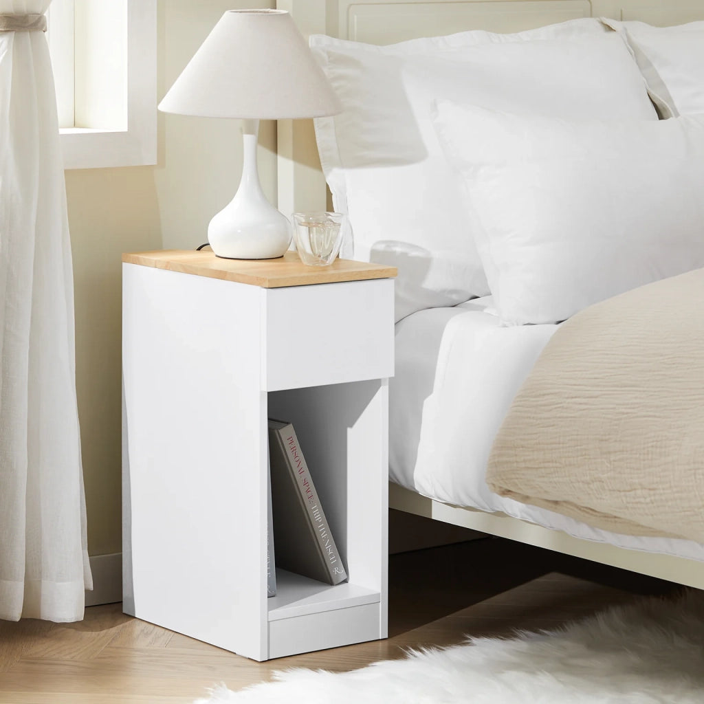 SoBuy Comodino Sottile comodino per camera da letto con cassetto e ripiano comodini per camera da letto e soggiorno Tavolino divano Bianco L25 x P40 x A60 cm FBT111-II-WN