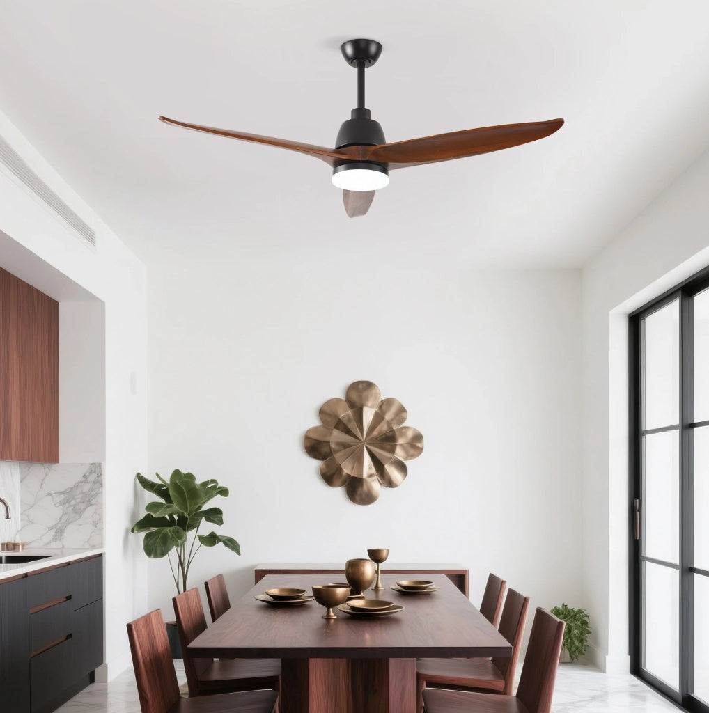 Ventilatore da soffitto 52" con luce LED, 3 pale in legno, nero e noce scuro