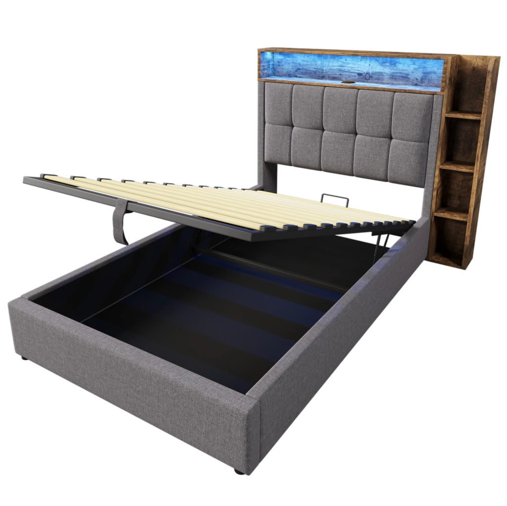 Letto imbottito 90x200 cm con USB; LED e contenitore in lino e MDF grigio
