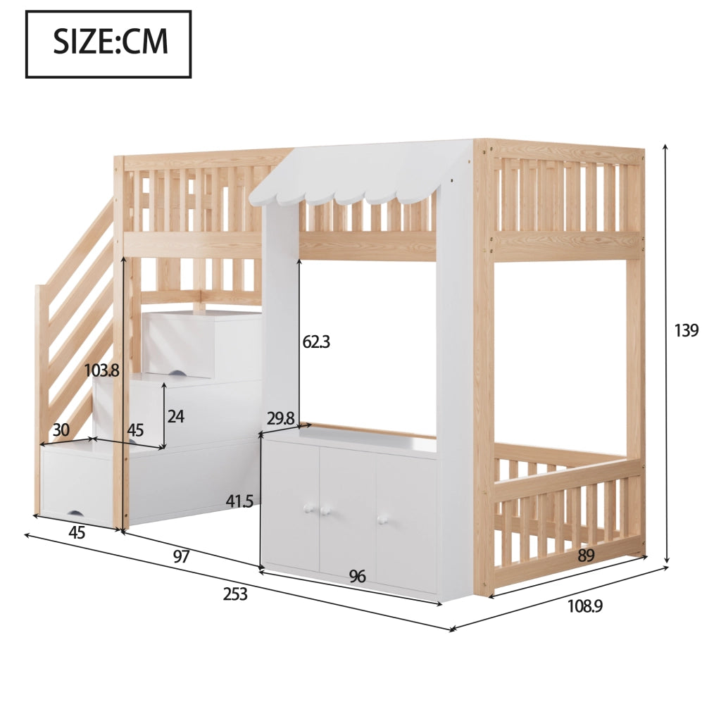 Letto a Soppalco 90x200 cm in Legno con Armadio Contenitore; Scale e Luci LED Multicolore; Design a Capanna