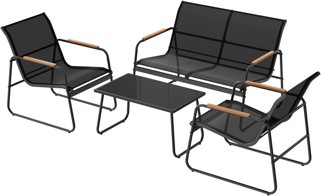 Set di Mobili da Esterno 4 Pezzi, Tavolo, Divano e 2 Sedie, Salotto da Giardino Resistente alle Intemperie, Struttura in Metallo, Tessuto Traspirante, per Balcone, Patio, Terrazza, Nero