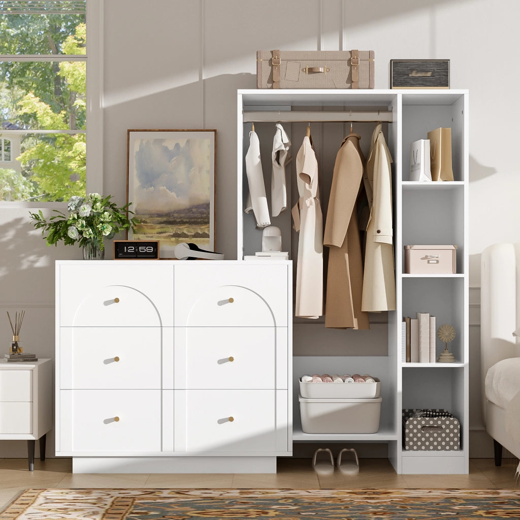 ARMADIO multifunzione aperto con 6 cassetti e ripiani laterali 139x35x133 cm Bianco