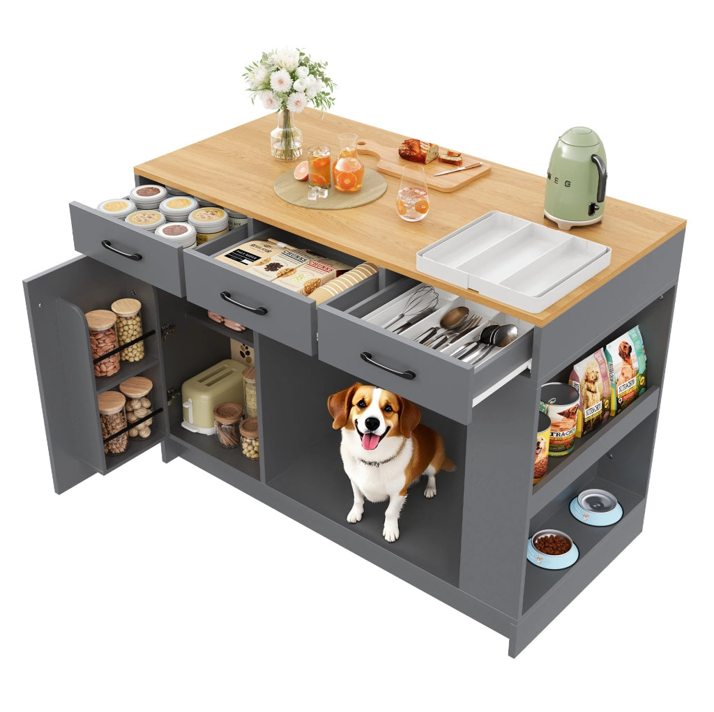Carrello portavivande con area per animali; ripiano regolabile; MDF; naturale grigio