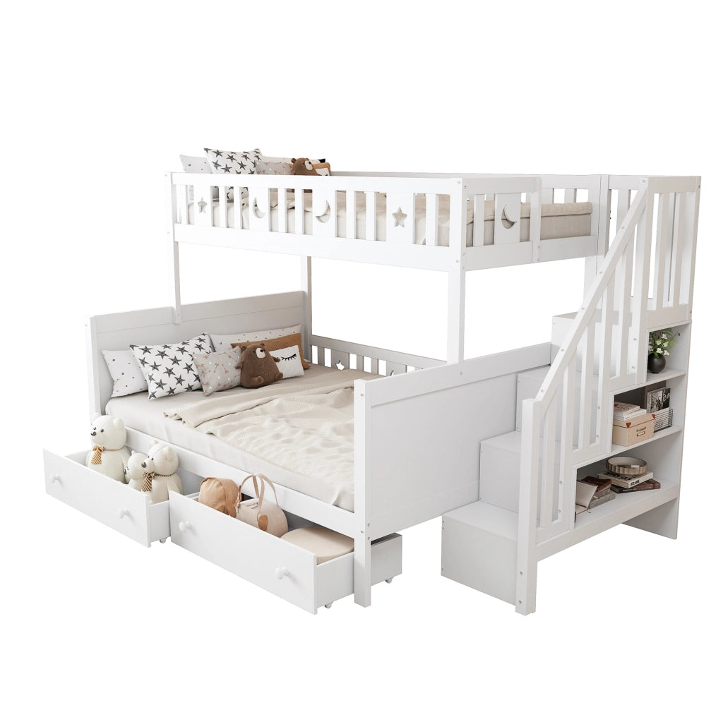 Letto a castello per bambini bianco con scala contenitore e cassetti