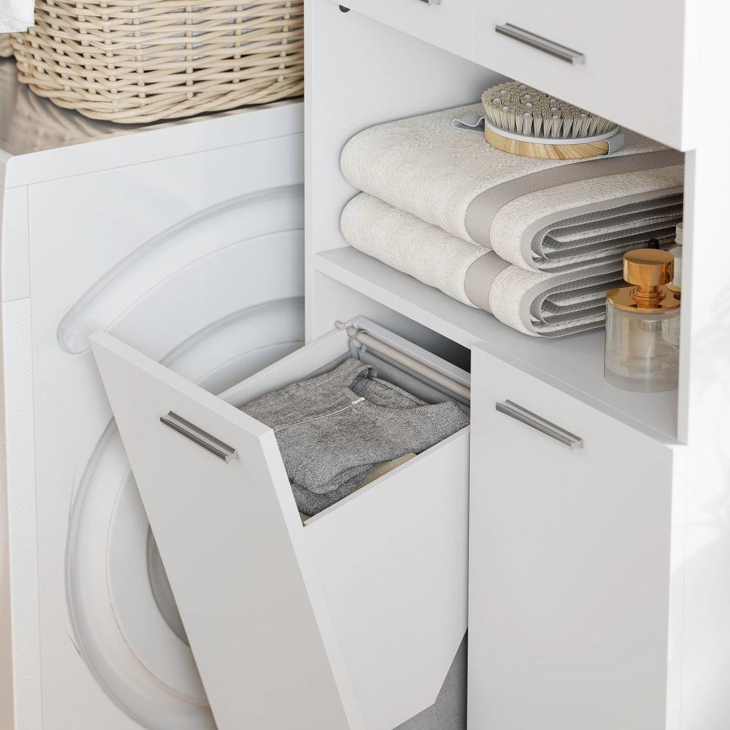 Mobile da Bagno 60x30x174 cm a 2 Ante con Cesto Portabiancheria a Ribalta e Ripiano Aperto in Legno Bianco