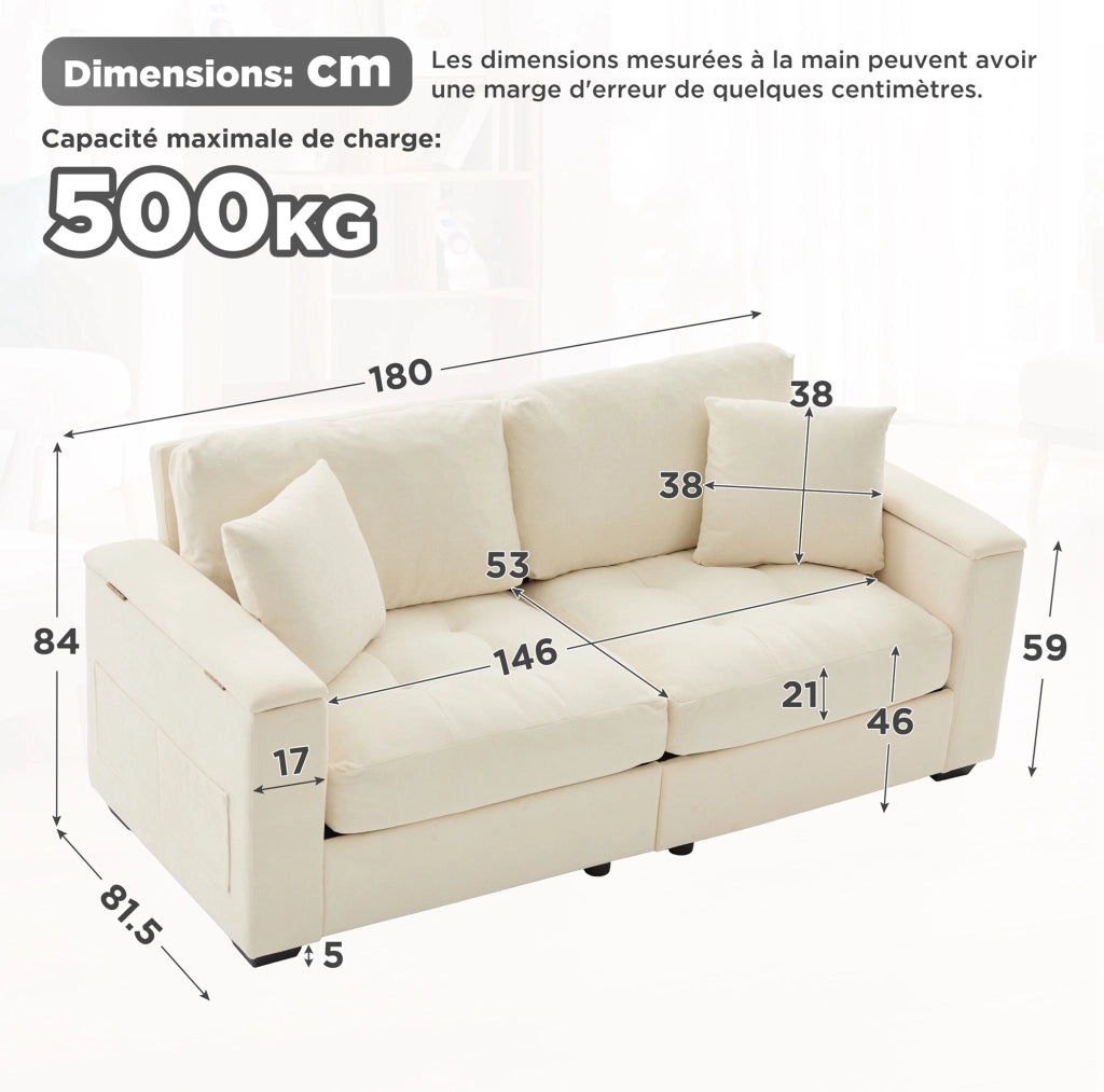 Divano 2 posti 180 cm con contenitore nei braccioli; in tessuto Chenille beige