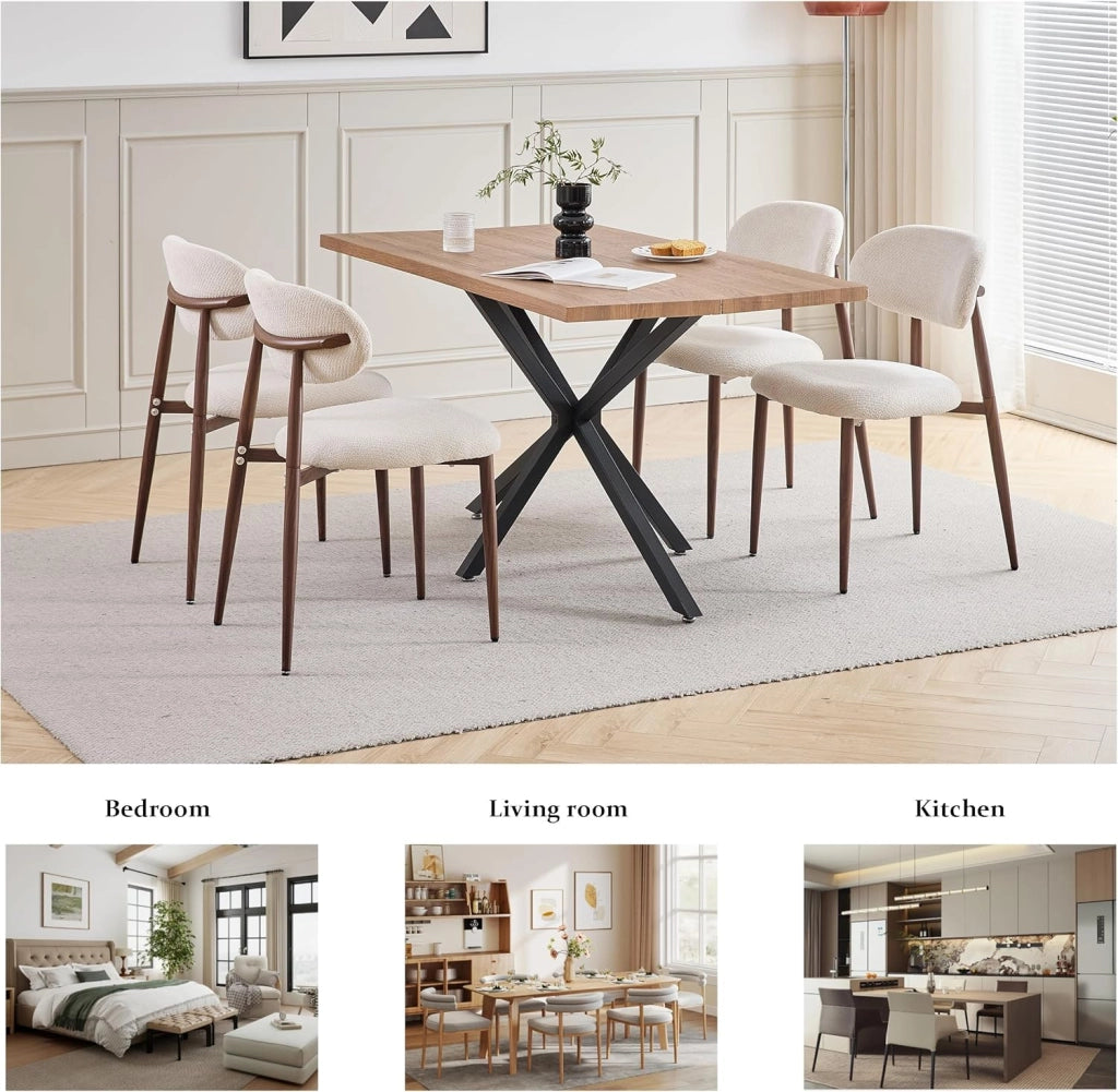 GrandCA HOME Set di 4 Sedie da Pranzo in Stile Medievale, Sedia da Cucina in Lino Beige con Schienale, Gambe in Metallo Effetto Legno Scuro, Adatte per Cucina, Soggiorno e Camera da Letto