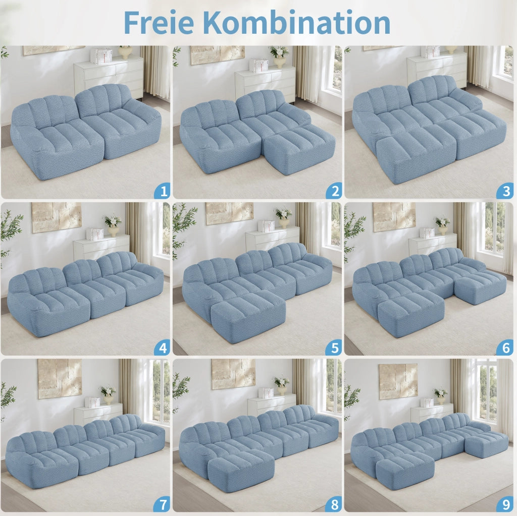 Divano modulare 3 posti con 2 pouf; 288x165x79 cm; in fleece granulare blu