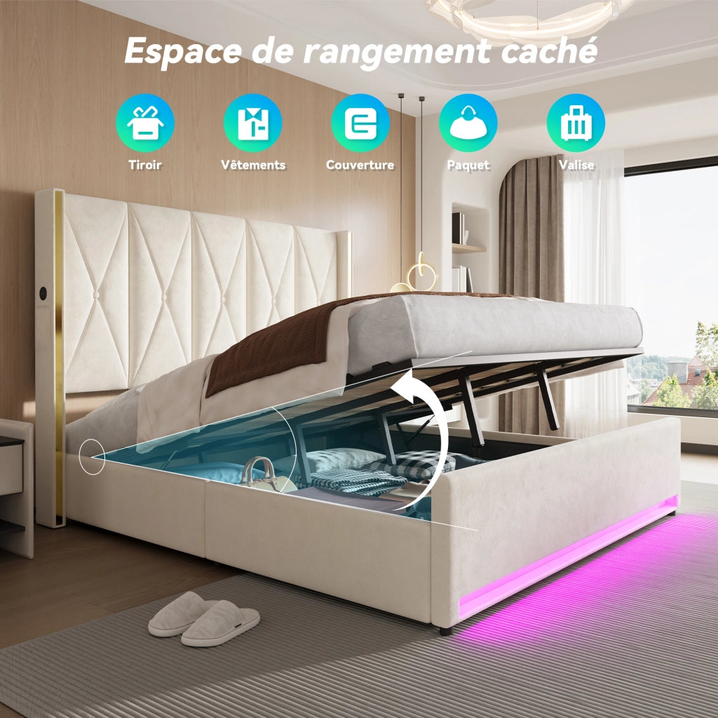 Letto Contenitore 180x200 cm Matrimoniale con USB; Type-C; LED e Tasche - Beige