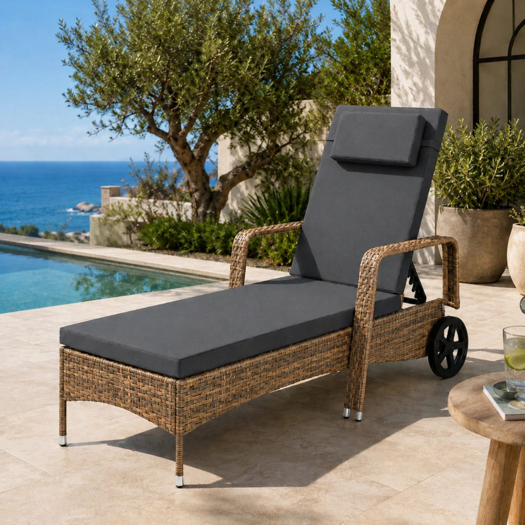 Lettino Prendisole Reclinabile In Polyrattan Con Schienale Regolabile In 6 Posizioni Cuscino Poggiatesta E Ruote Ideale Per Giardino Piscina Terrazza Solarium Relax Outdoor 196 x 72 x 94.5 Cm Marrone Chiaro