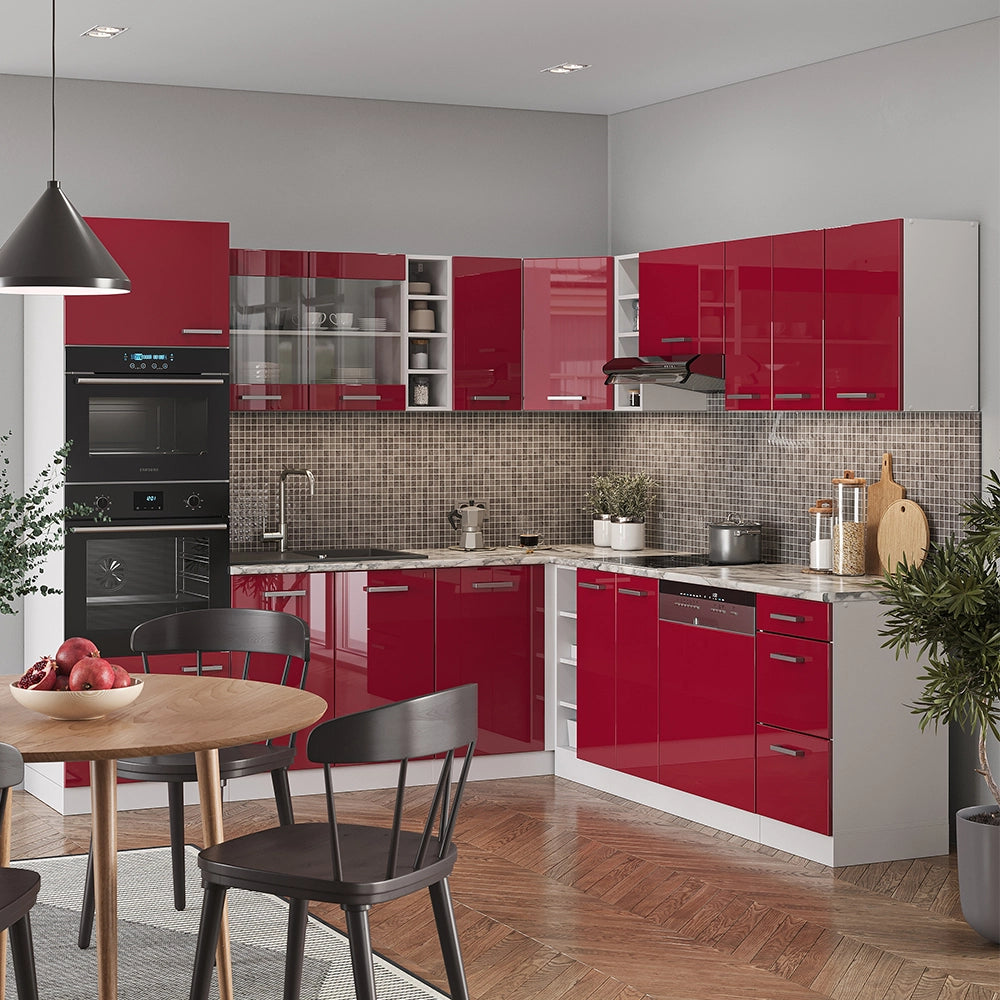 Cucina angolare completa R-Line Rosso lucido/Bianco 247 x 237 cm, PL Rovere Vicco