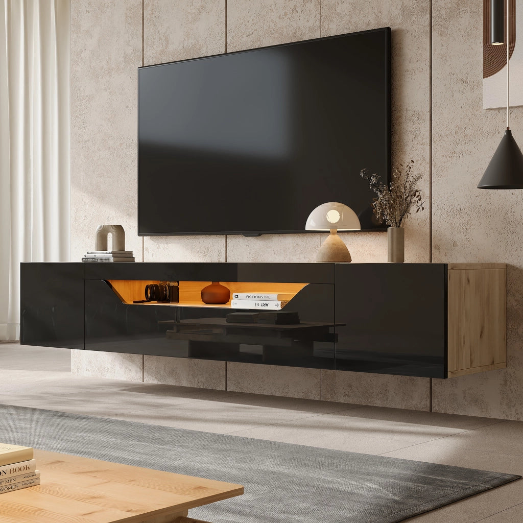 Mobile TV Sospeso con 2 Ante 1 Ribalta e LED per Soggiorno in Pannelli Nero e Legno Naturale 180 x 37 x 36 cm