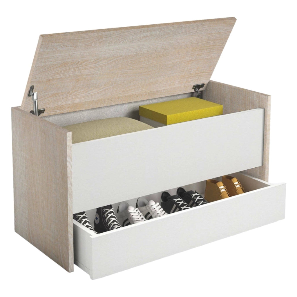 Cassapanca Sogno, Mobile da ingresso moderno con scarpiera, Cassapanca baule con due contenitori, Made in Italy, Cm 90x40h46, Bianco e Rovere