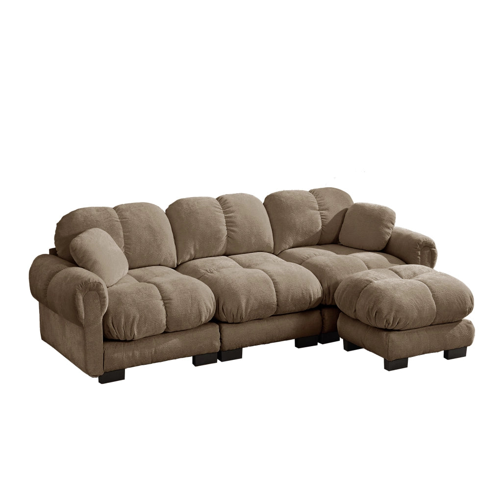 Divano angolare modulare 3 posti con chaise longue mobile e cuscini in chenille marrone per soggiorno