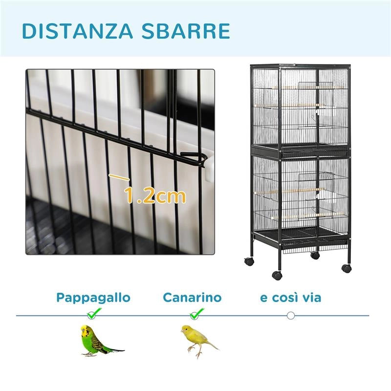 GABBIA VOLIERA PER UCCELLI PER INTERNI CON RUOTE E VASSOI ESTRAIBILI 51.5X50X140 CM NERO