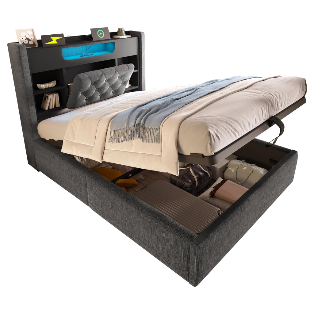 Letto contenitore 90x200 cm in lino grigio con LED, USB/Type-C e testiera con spazio contenitivo