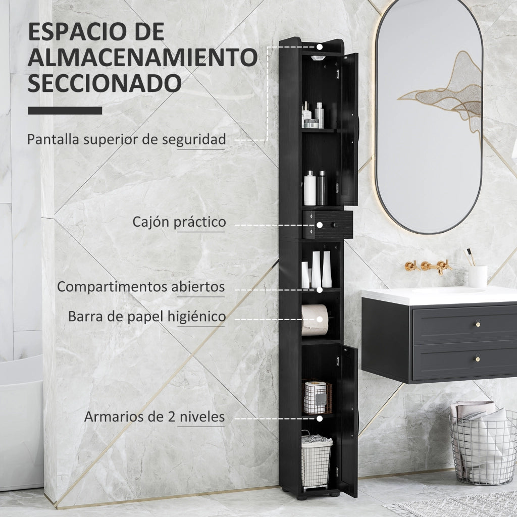 Colonna Bagno 2 Ante con Ripiani Regolabili e Portarrollos ¨C zephmum ¨C 20x20x185 cm Nero