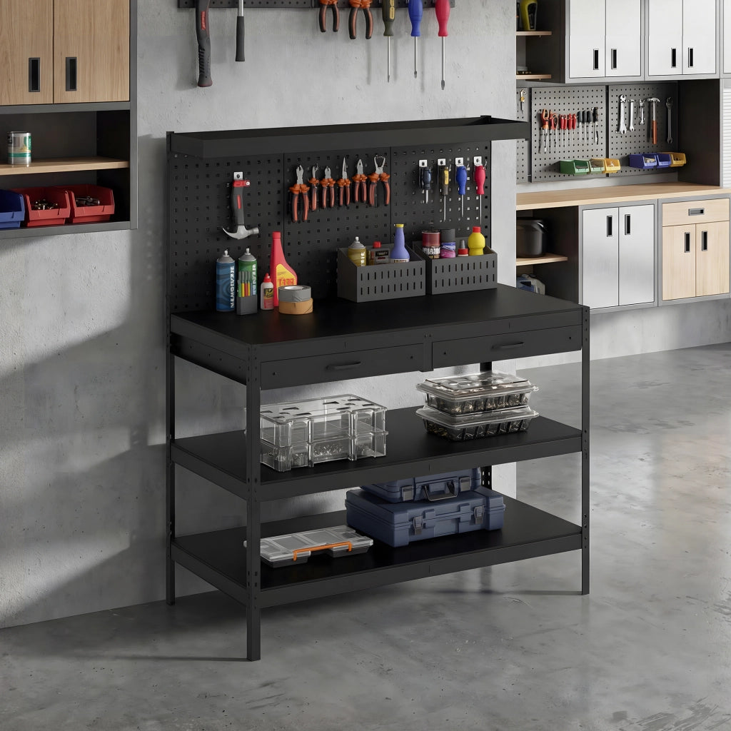 Banco da lavoro regolabile con pannello forato e 2 cassetti ¨C Zephmum ¨C 122x61x156 cm, Nero