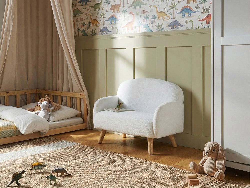 Divano per bambini bianco bouclé imbottito con braccioli Divano moderno a 1 posto per bambini