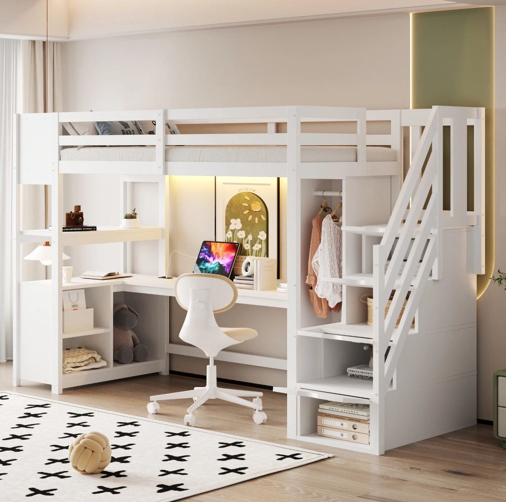 Letto a soppalco multifunzione 90x200 cm con scrivania; armadio; LED e scale contenitive; bianco