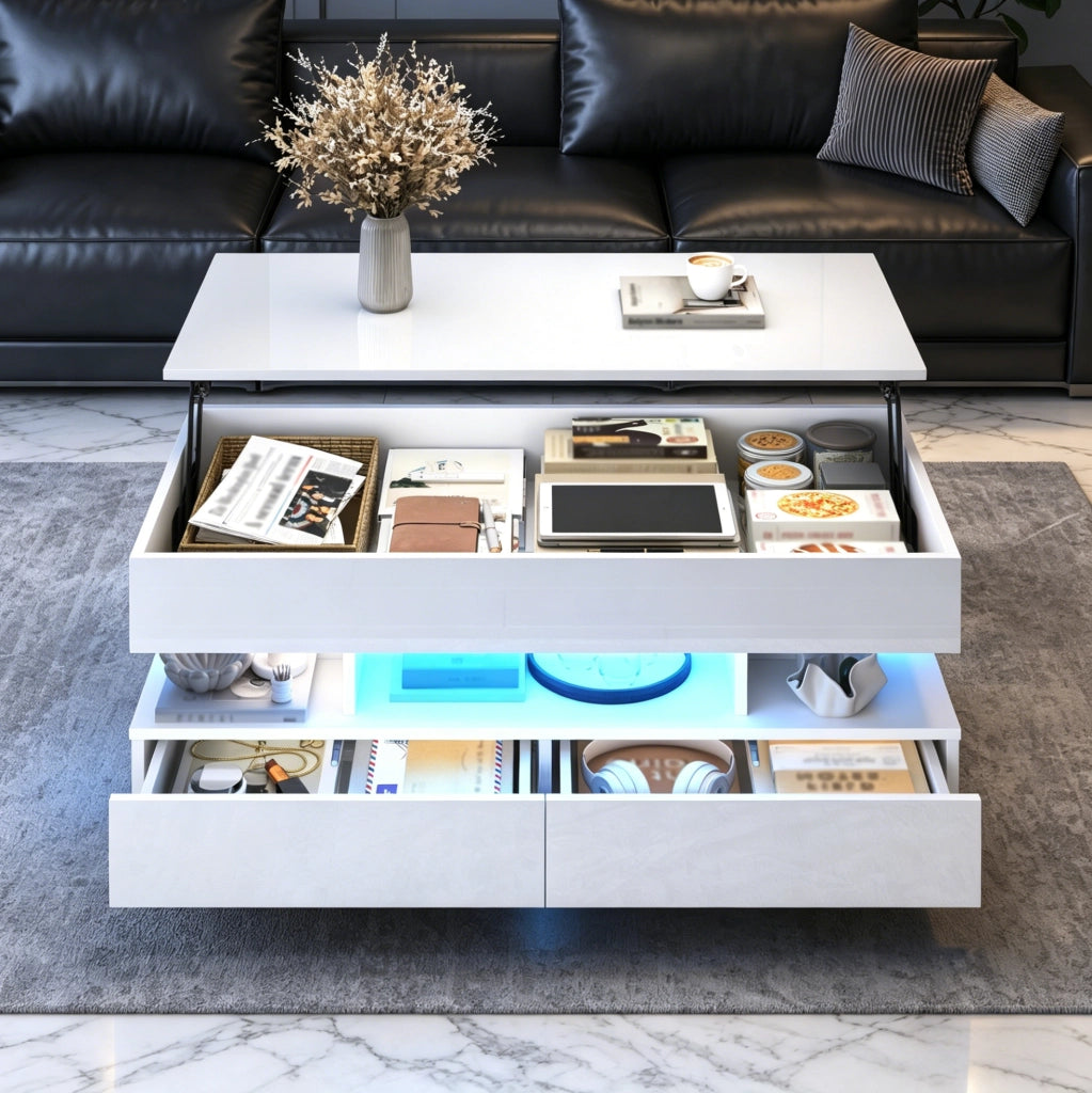 Tavolino da caffè sollevabile con LED e contenitore 100 x 50 x 45 cm; bianco lucido