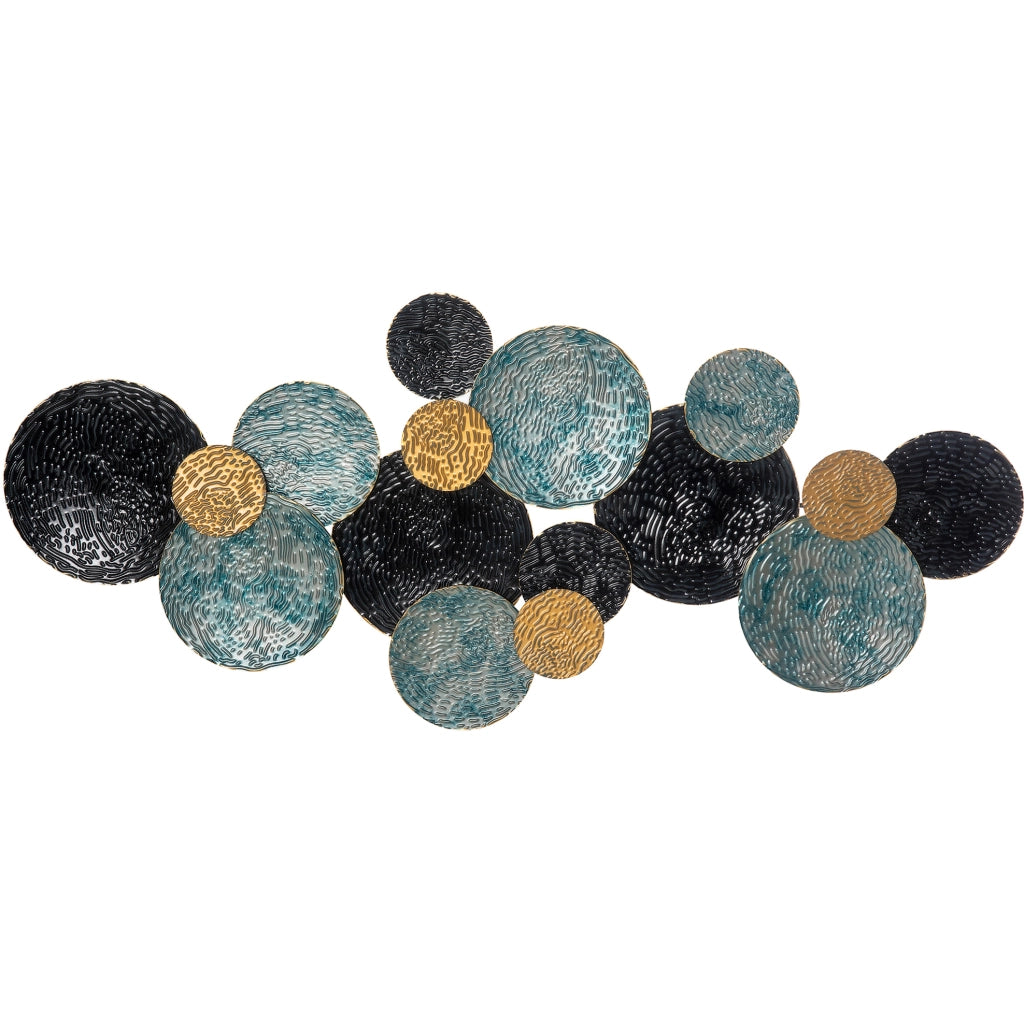 Decorazione da parete 3D 121x53 cm in ferro oro con cerchi blu e neri
