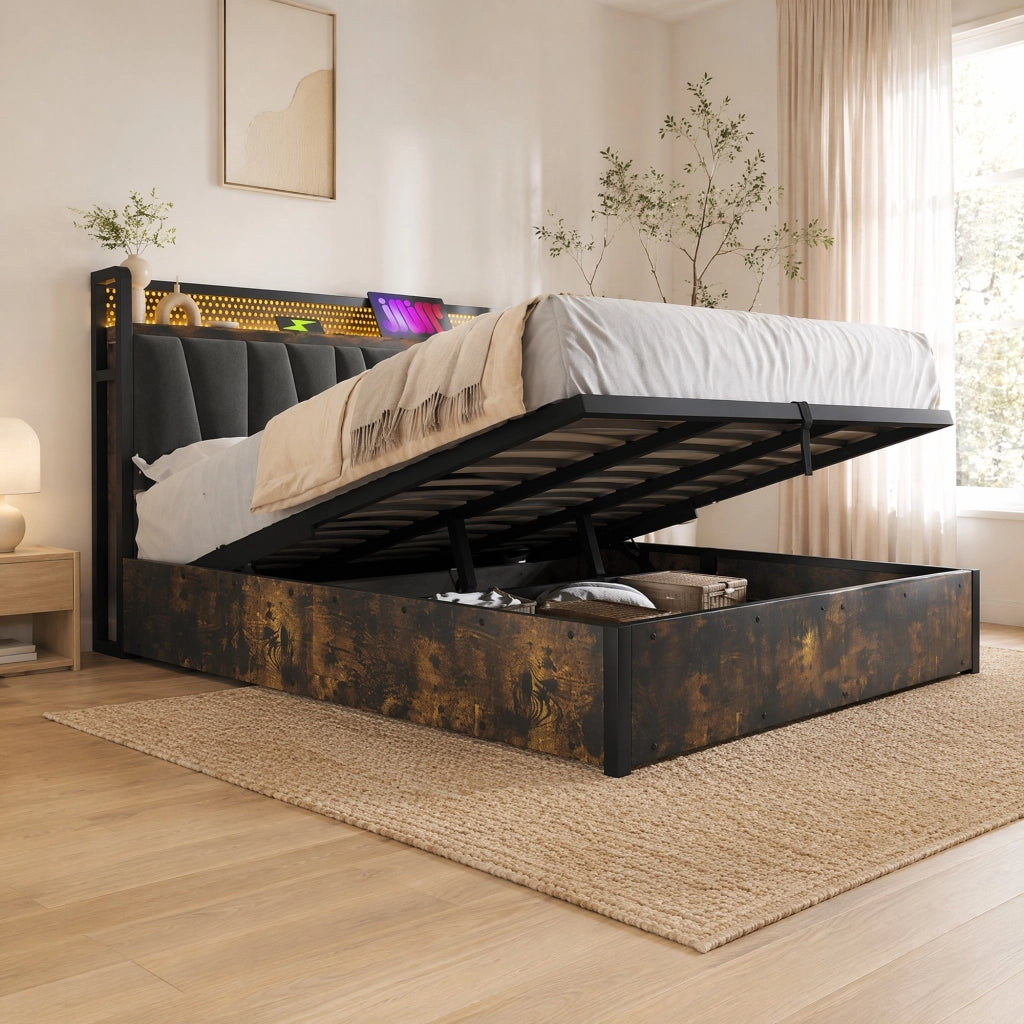 Letto matrimoniale 160x200 cm con testiera LED RGBW; porte USB e prese; grigio