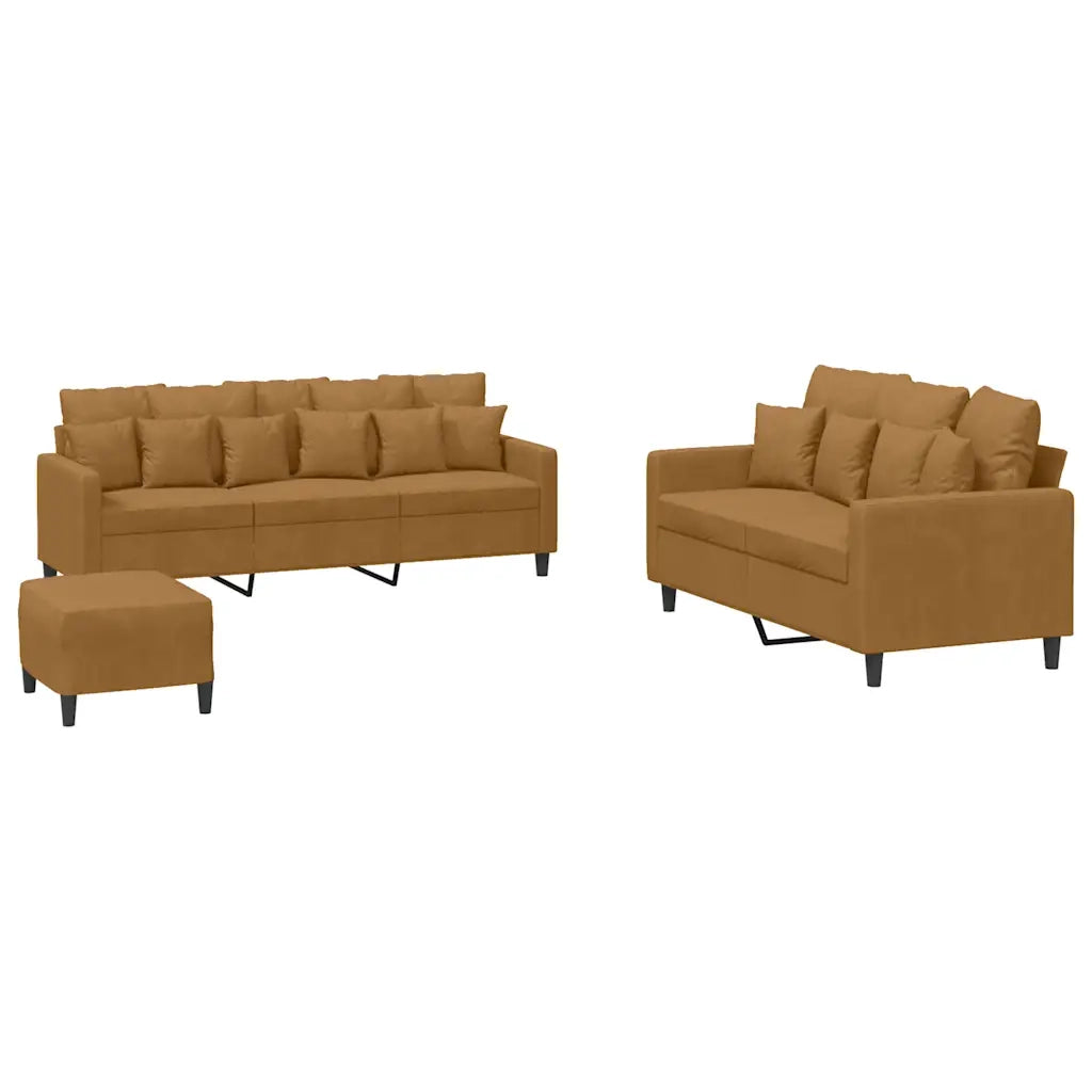 Set di Divani 3 pz con Cuscini Marrone in Velluto