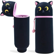 Etui 2-in-1 in silicone morbido per kawaii accessori, pennarelli, matite colorate, matite, astuccio in piedi, accessori scolastici divertenti per ragazze e ragazzi (gatto nero)