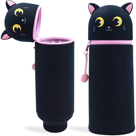 Etui 2-in-1 in silicone morbido per kawaii accessori, pennarelli, matite colorate, matite, astuccio in piedi, accessori scolastici divertenti per ragazze e ragazzi (gatto nero)