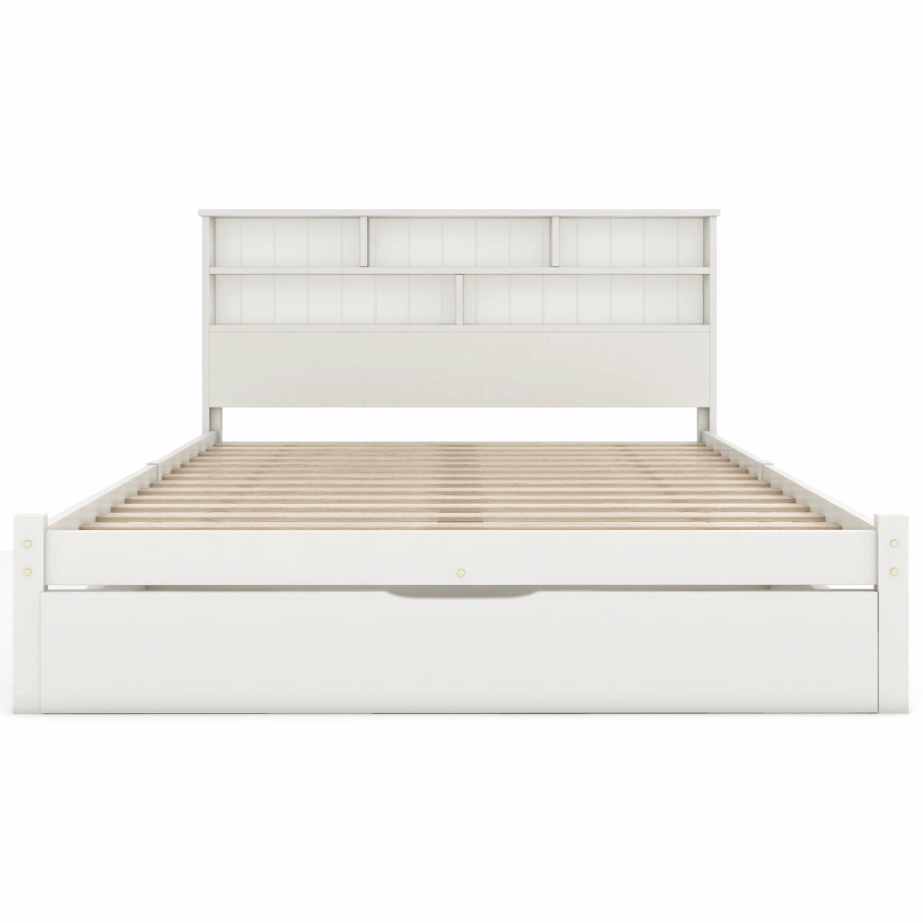 Letto matrimoniale 140x200 cm in legno bianco con testiera libreria e 2 cassetti