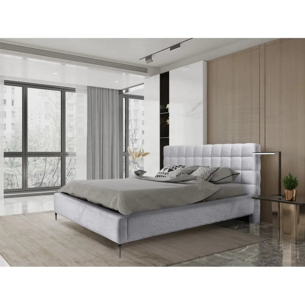 Letto MILLIO – Bianco – 140x200 cm – Tessuto chenille bouclé – Rete inclusa – Comfort hotel 5 stelle