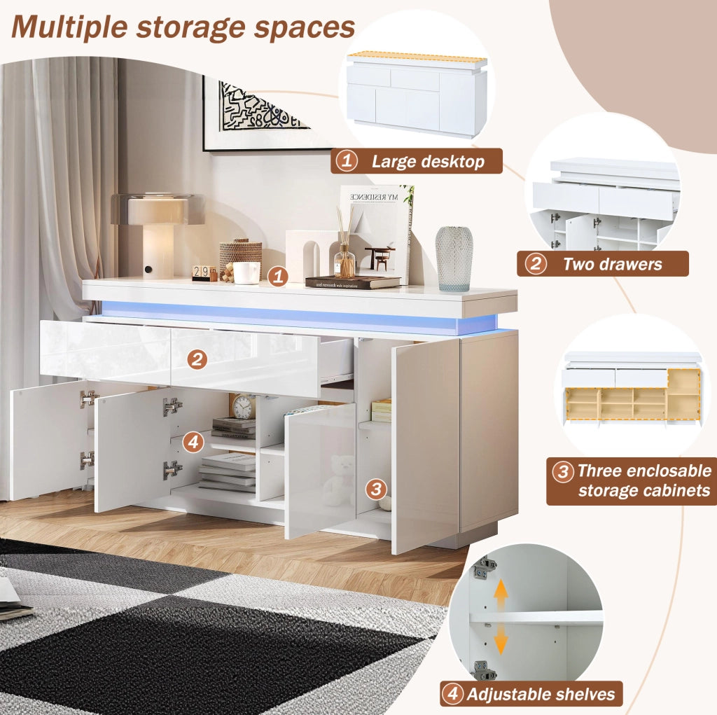 Madia ULEVR 140x35x72,5 cm con 4 ante, 2 cassetti, LED e USB, bianco lucido